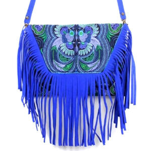 New in Package Electric Blue Handmade Suede Embroidered Fringe Crossbody Bag